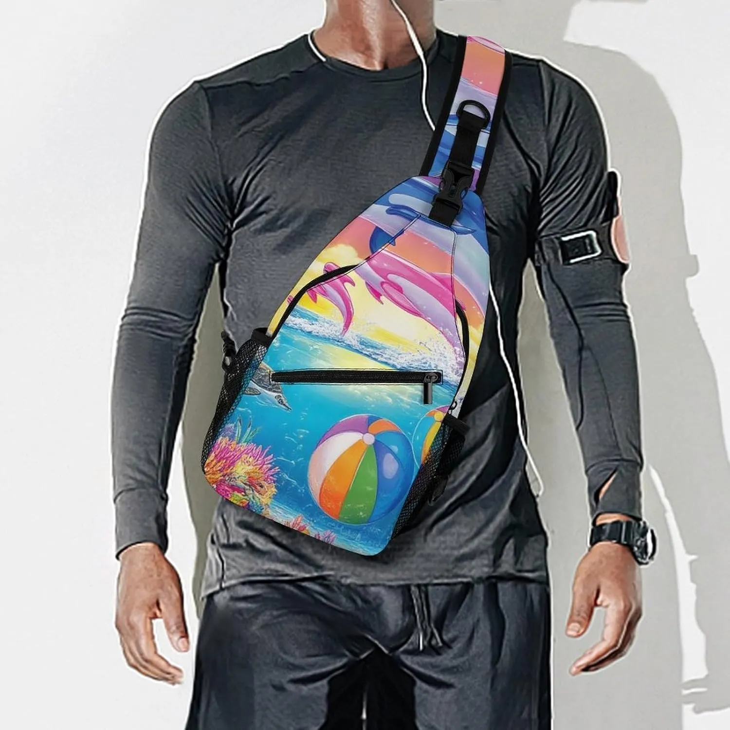 Supdreamc Men Women Sling Shoulder Backpack Packable Handy Chest Day Bag - Colorful Dolphins Art Multipurpose Anti-Theft Daypack Tactical Satchel With Adjustable Shoulder Strap