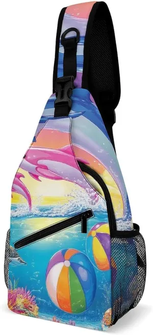 Supdreamc Men Women Sling Shoulder Backpack Packable Handy Chest Day Bag - Colorful Dolphins Art Multipurpose Anti-Theft Daypack Tactical Satchel With Adjustable Shoulder Strap