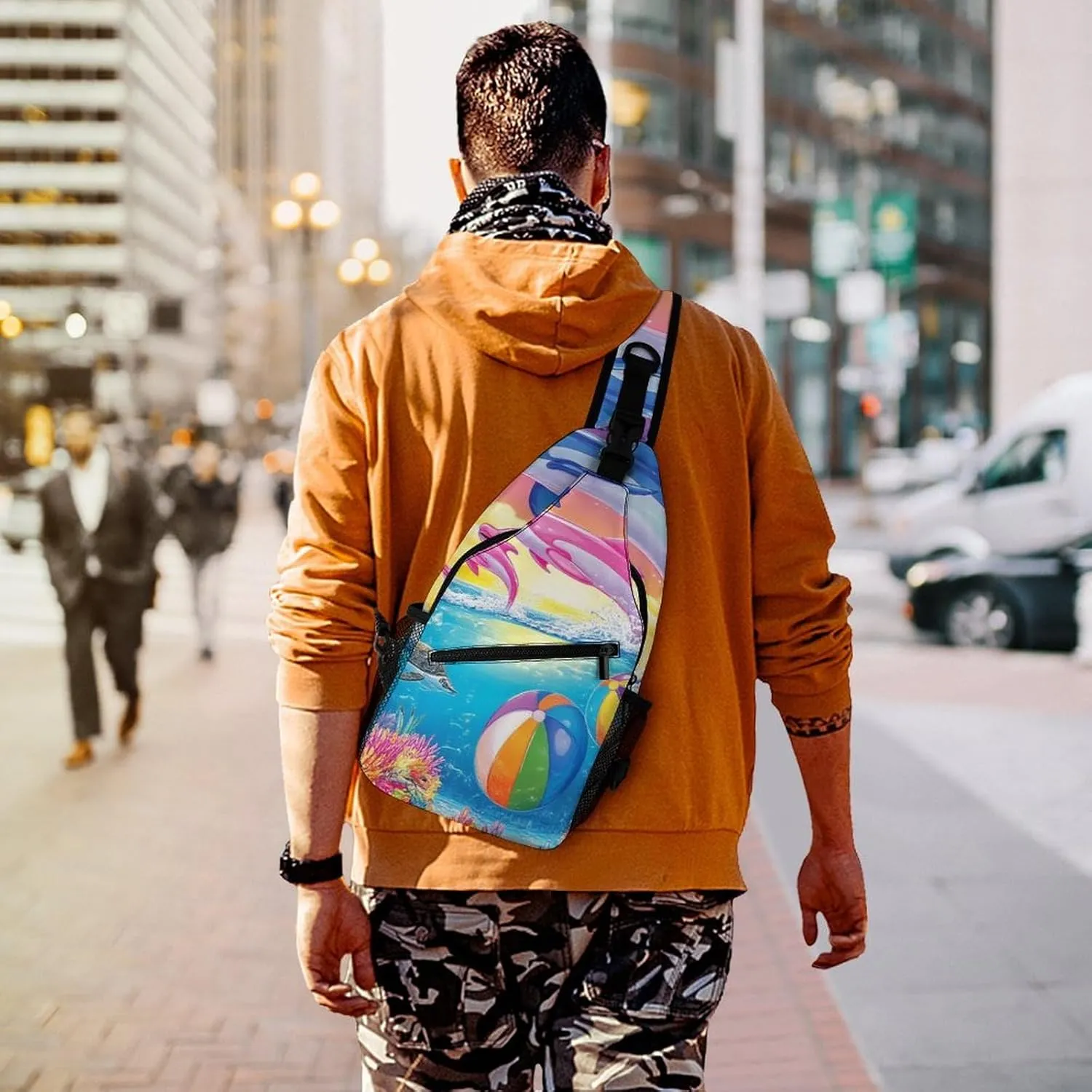 Supdreamc Men Women Sling Shoulder Backpack Packable Handy Chest Day Bag - Colorful Dolphins Art Multipurpose Anti-Theft Daypack Tactical Satchel With Adjustable Shoulder Strap
