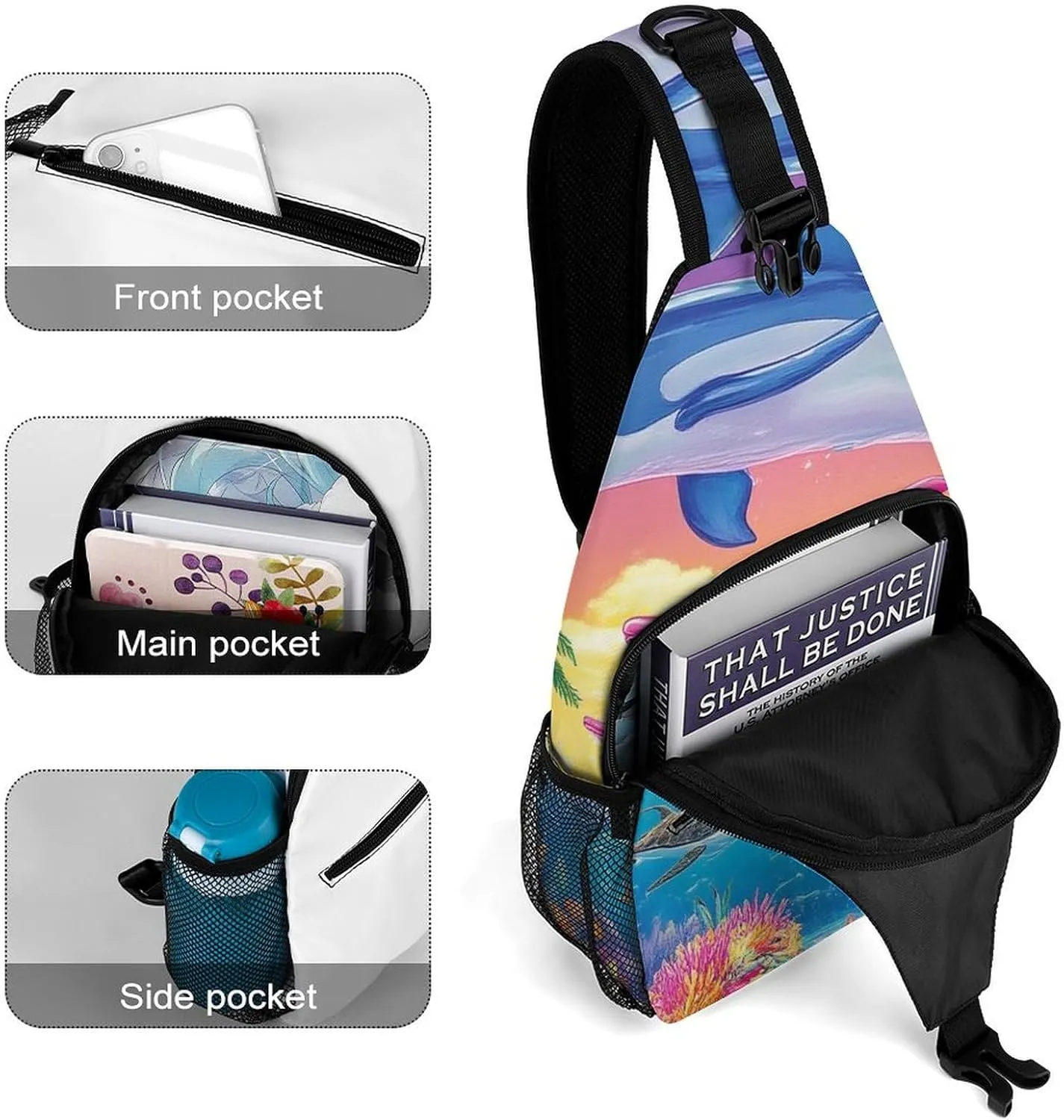 Supdreamc Men Women Sling Shoulder Backpack Packable Handy Chest Day Bag - Colorful Dolphins Art Multipurpose Anti-Theft Daypack Tactical Satchel With Adjustable Shoulder Strap