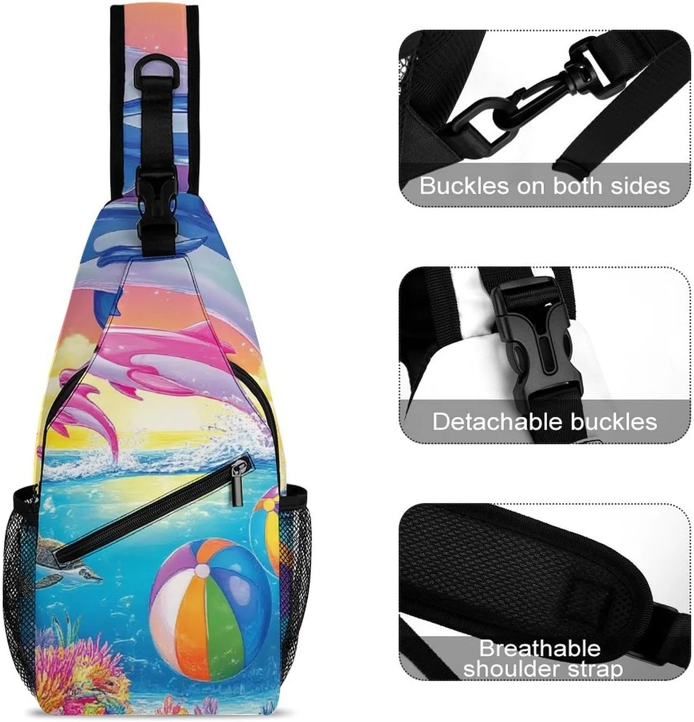 Supdreamc Men Women Sling Shoulder Backpack Packable Handy Chest Day Bag - Colorful Dolphins Art Multipurpose Anti-Theft Daypack Tactical Satchel With Adjustable Shoulder Strap