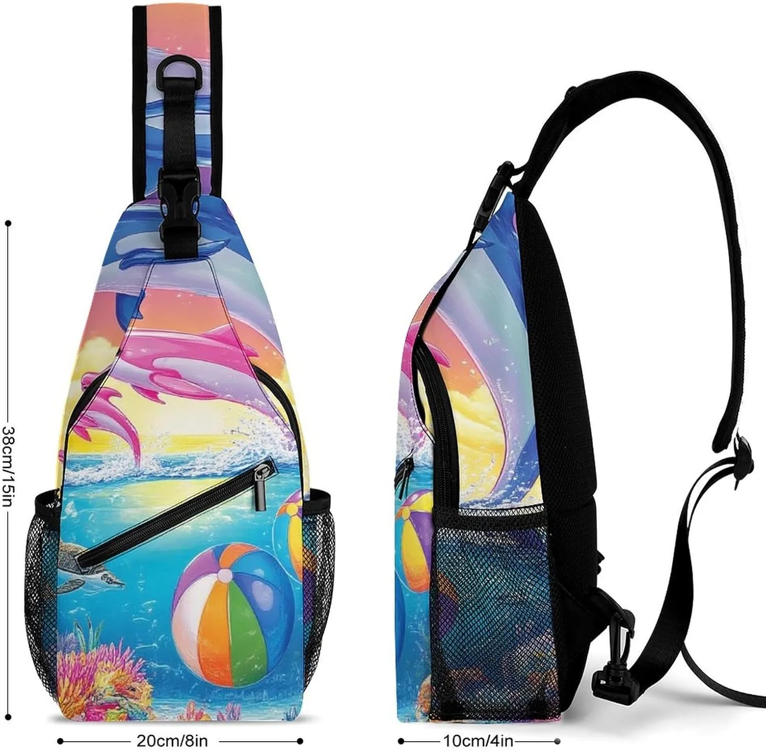 Supdreamc Men Women Sling Shoulder Backpack Packable Handy Chest Day Bag - Colorful Dolphins Art Multipurpose Anti-Theft Daypack Tactical Satchel With Adjustable Shoulder Strap