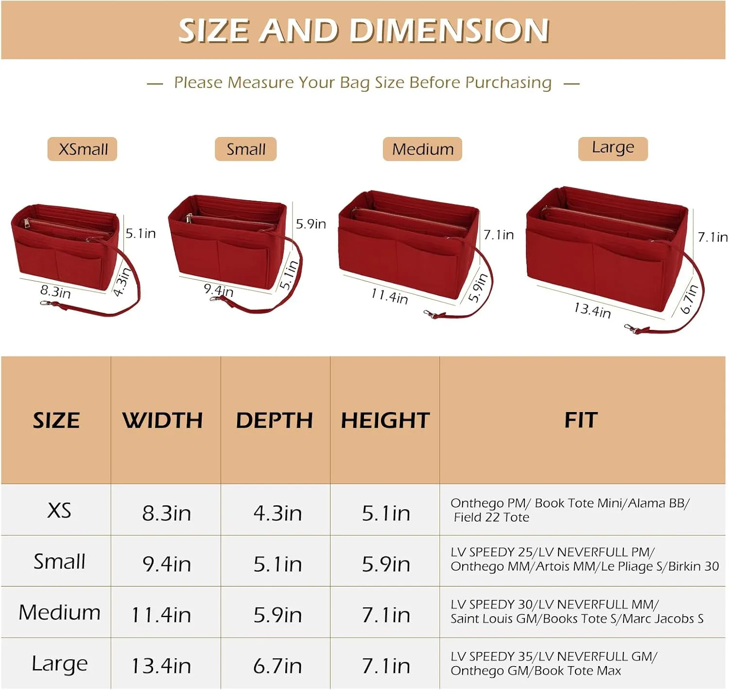 Surblue Purse Organizer Insert for Handbags, Felt Bag Organizer, Tote Bag Organizer, Tote Shaper Insert With Zippers, Thicken and Portable Handbag in Bag for Speedy Neverfull PM MM, (Red, S)