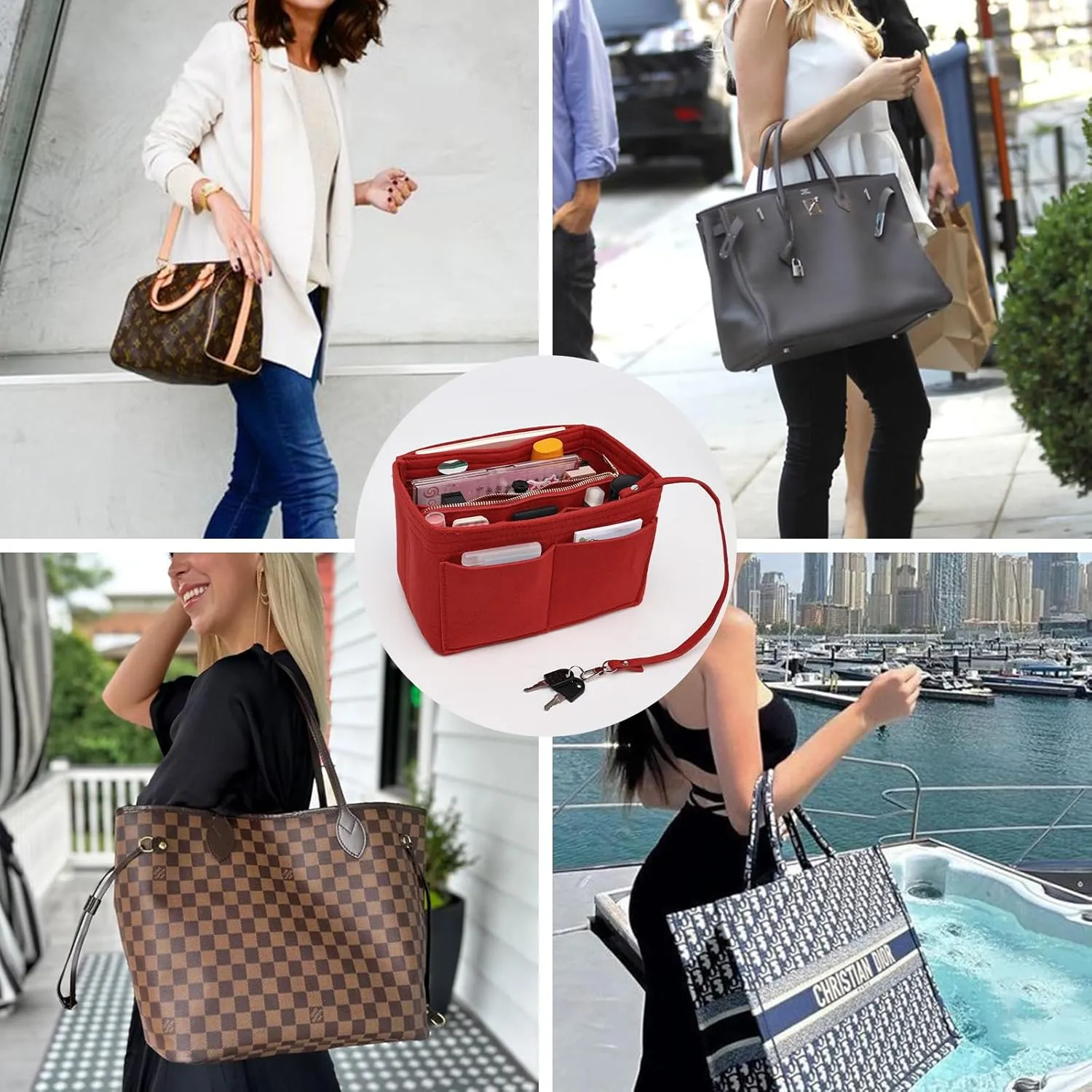 Surblue Purse Organizer Insert for Handbags, Felt Bag Organizer, Tote Bag Organizer, Tote Shaper Insert With Zippers, Thicken and Portable Handbag in Bag for Speedy Neverfull PM MM, (Red, S)