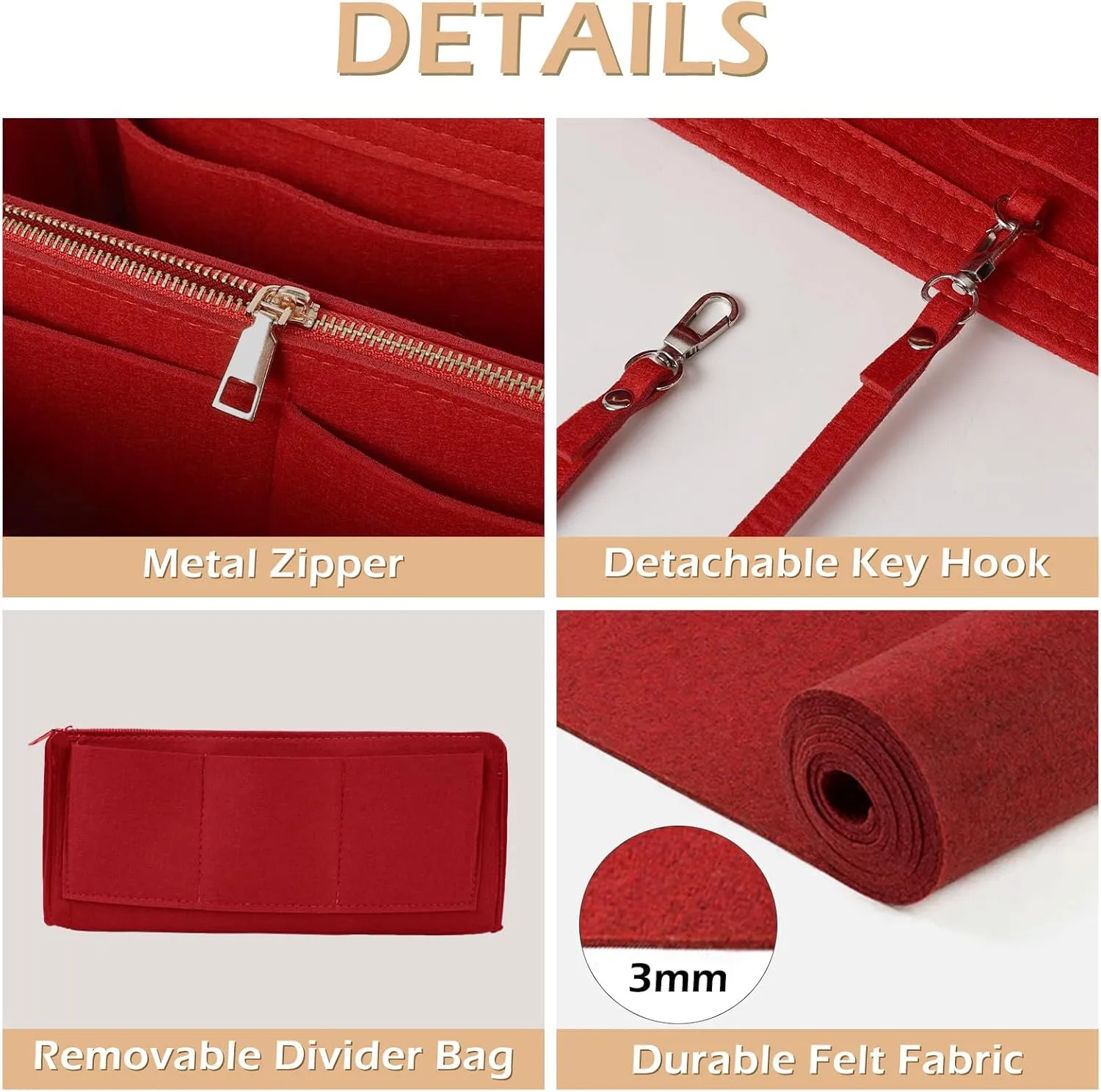 Surblue Purse Organizer Insert for Handbags, Felt Bag Organizer, Tote Bag Organizer, Tote Shaper Insert With Zippers, Thicken and Portable Handbag in Bag for Speedy Neverfull PM MM, (Red, S)