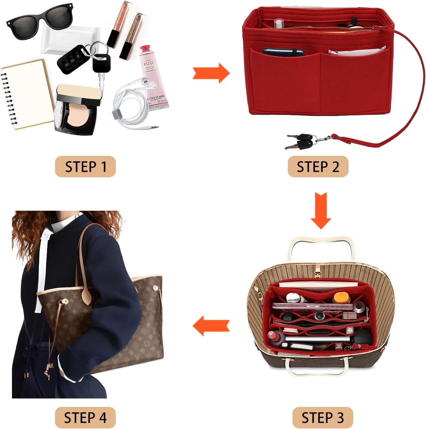 Surblue Purse Organizer Insert for Handbags, Felt Bag Organizer, Tote Bag Organizer, Tote Shaper Insert With Zippers, Thicken and Portable Handbag in Bag for Speedy Neverfull PM MM, (Red, S)