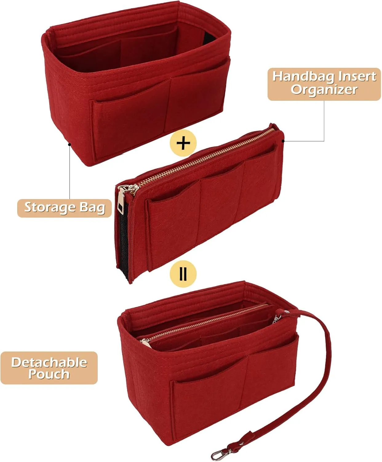 Surblue Purse Organizer Insert for Handbags, Felt Bag Organizer, Tote Bag Organizer, Tote Shaper Insert With Zippers, Thicken and Portable Handbag in Bag for Speedy Neverfull PM MM, (Red, S)