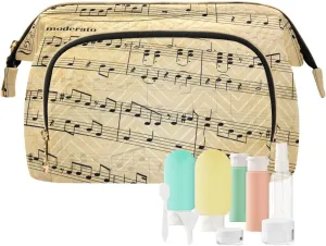 susiyo Travel Makeup Bag Retro Music Notes on Stave Abstract Old Paper Cosmetic Bag Large Wide Open Make Up Pouch with Travel Bottle Set