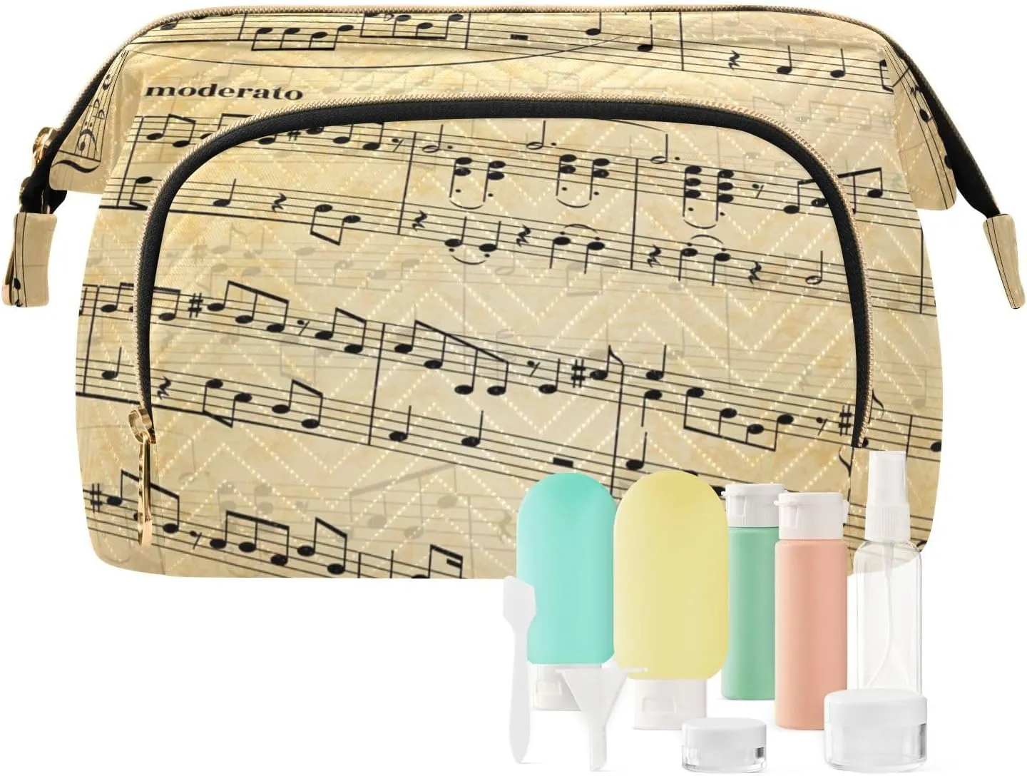 susiyo Travel Makeup Bag Retro Music Notes on Stave Abstract Old Paper Cosmetic Bag Large Wide Open Make Up Pouch with Travel Bottle Set
