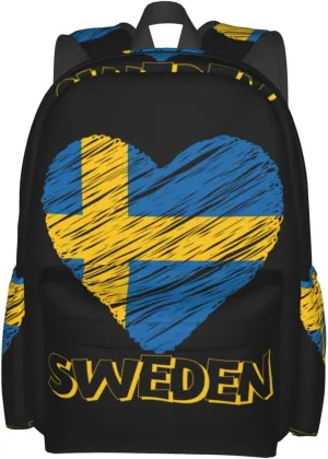 Swedish Sweden Flag Heart Casual Backpack Large Capacity Travel Backpacks Laptop Daypack Commuter Rucksack Adjustable Strap Sports Bags for Hiking Biking