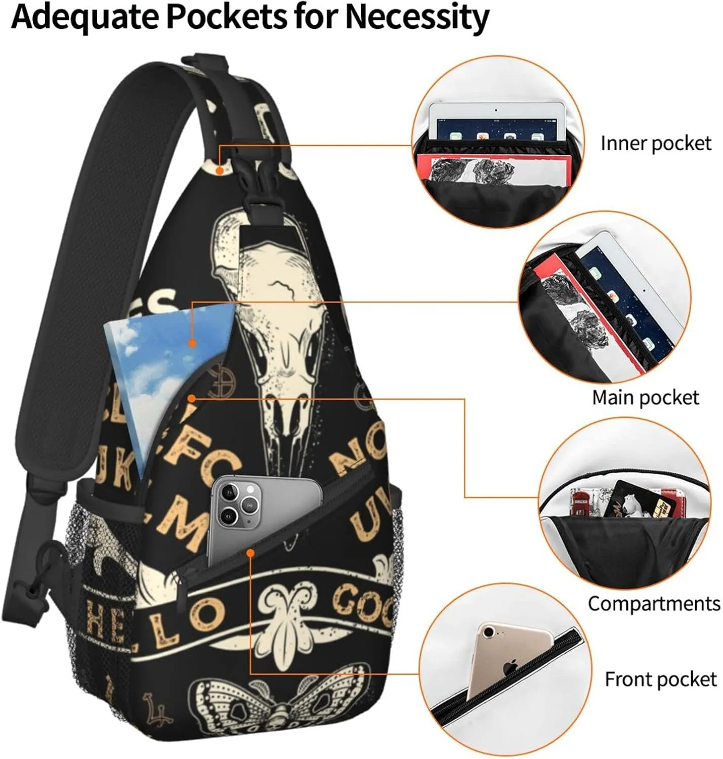 SWEET TANG Sling Backpack for Men Boys Multipurpose Crossbody Shoulder Bag Lightweight Adjustable Travel Hiking Daypack Board With Crow Skull Occultism Set Gym Bag, One Size