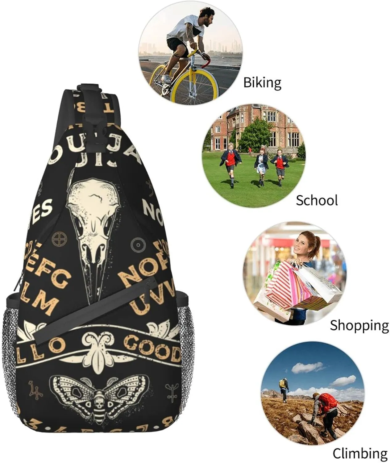 SWEET TANG Sling Backpack for Men Boys Multipurpose Crossbody Shoulder Bag Lightweight Adjustable Travel Hiking Daypack Board With Crow Skull Occultism Set Gym Bag, One Size