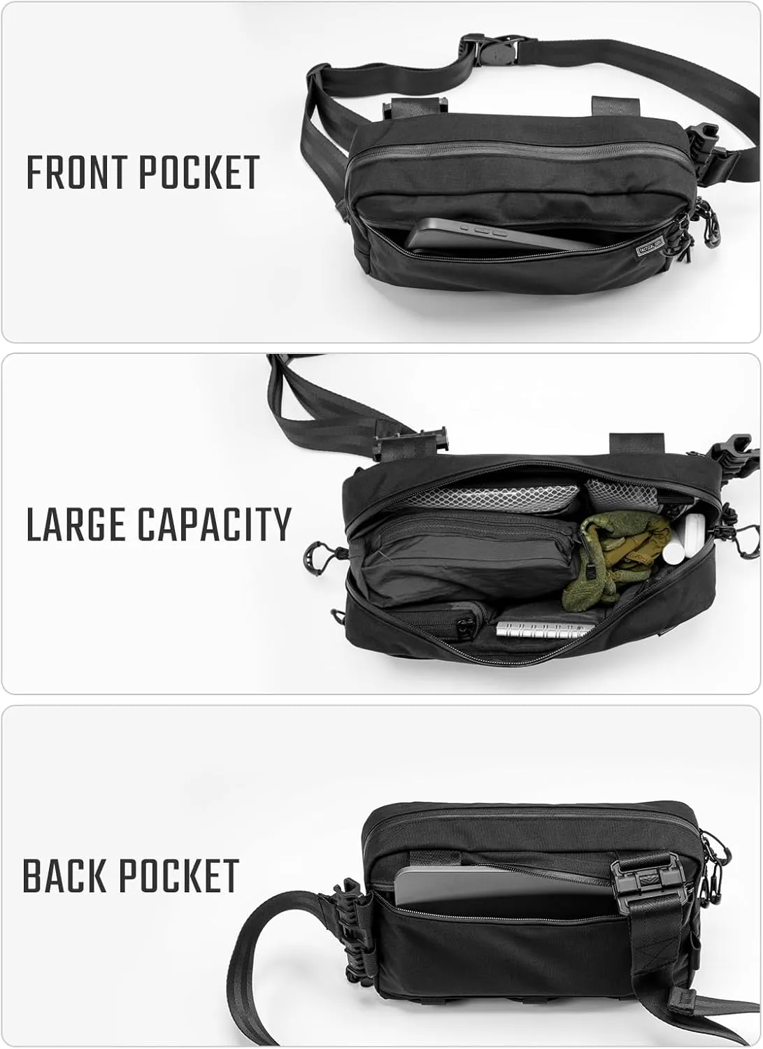 TACTICAL GEEK Cache L4 EDC Sling Bag, Lightweight Crossbody Shoulder Bag, 2.9L High-Capacity Travel Chest Bag, Single Strap Bag for Casual Travel, Hiking, and Outdoor Sports (Black)