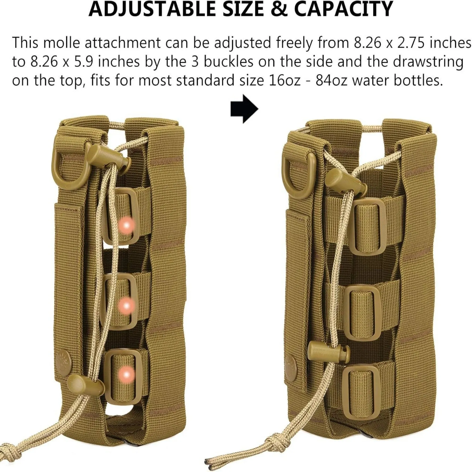 Tactical MOLLE Water Bottle Pouch – Outdoor Camping Hiking Hydration Bag with Carabiner Clip, Multi-Function Storage Holder for 500-800ml Bottles