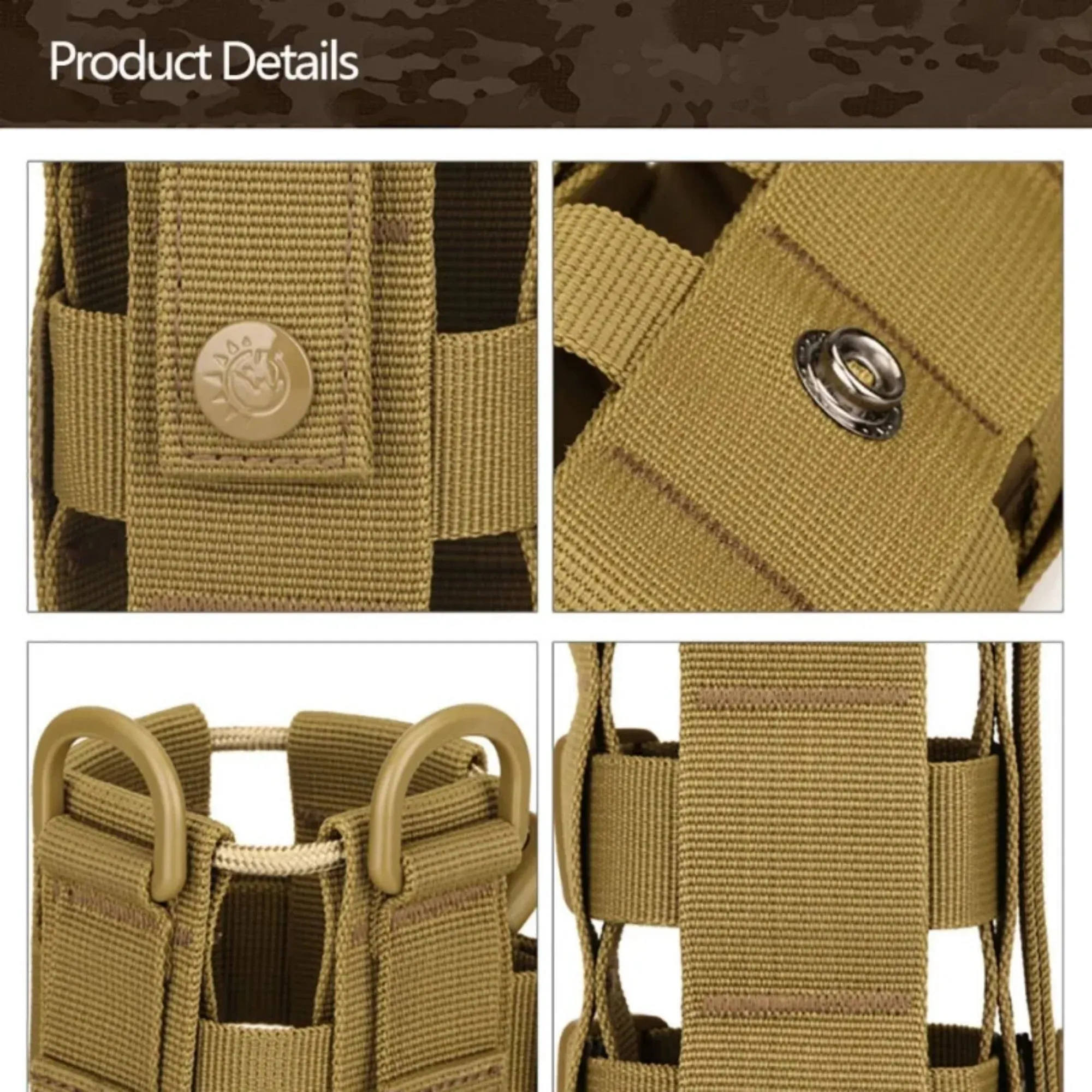 Tactical MOLLE Water Bottle Pouch – Outdoor Camping Hiking Hydration Bag with Carabiner Clip, Multi-Function Storage Holder for 500-800ml Bottles