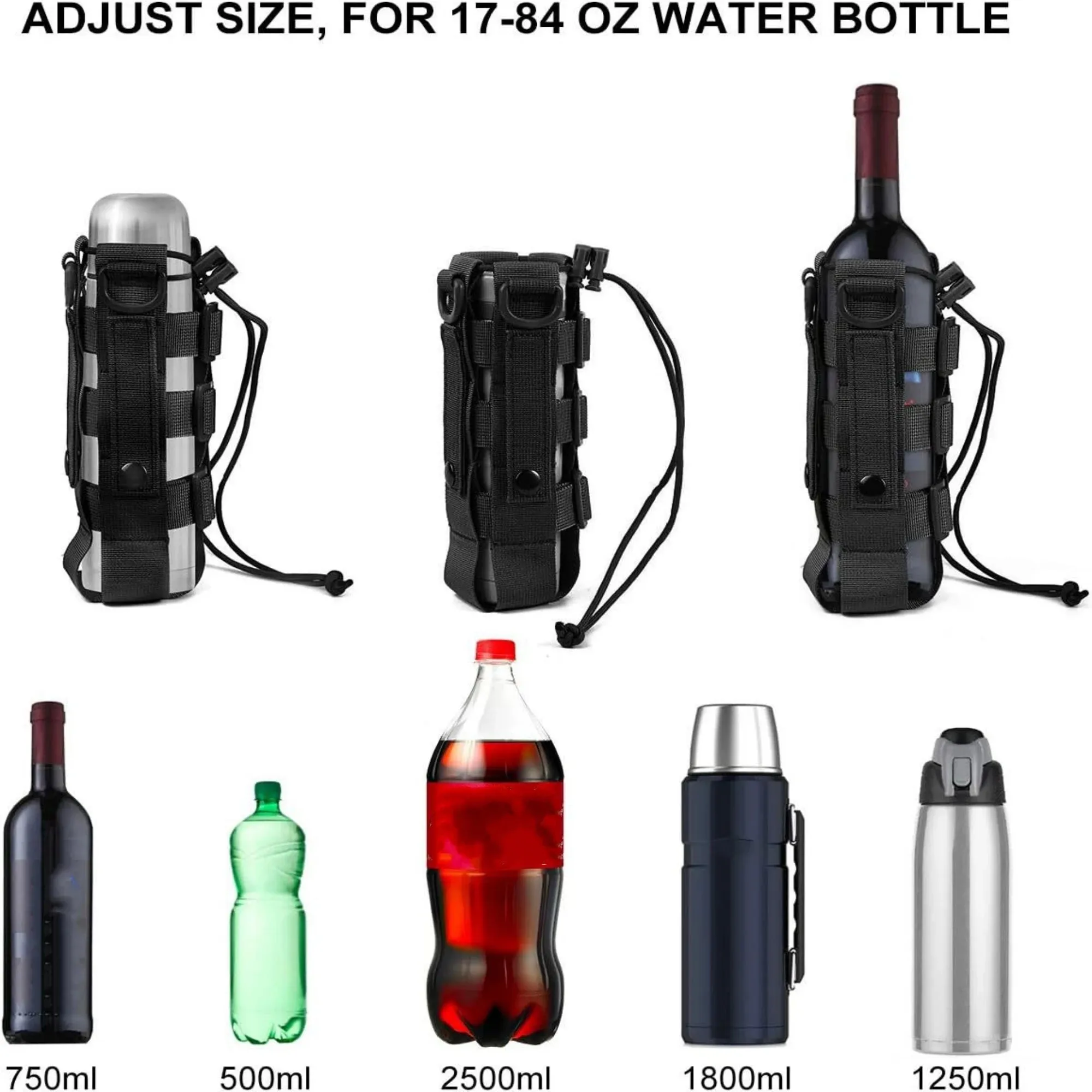 Tactical MOLLE Water Bottle Pouch – Outdoor Camping Hiking Hydration Bag with Carabiner Clip, Multi-Function Storage Holder for 500-800ml Bottles