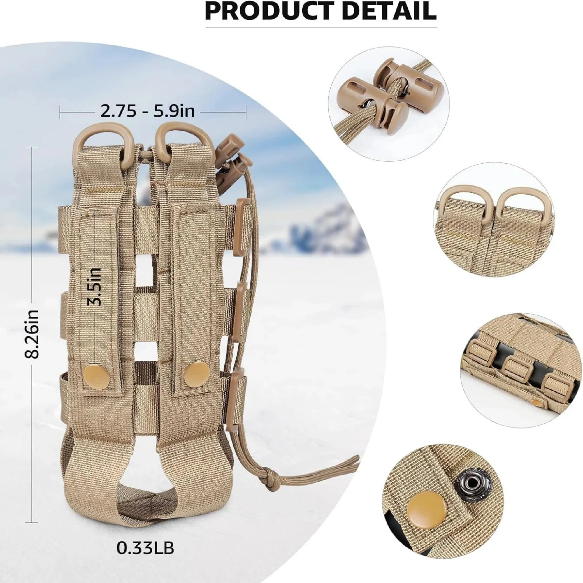 Tactical MOLLE Water Bottle Pouch – Outdoor Camping Hiking Hydration Bag with Carabiner Clip, Multi-Function Storage Holder for 500-800ml Bottles