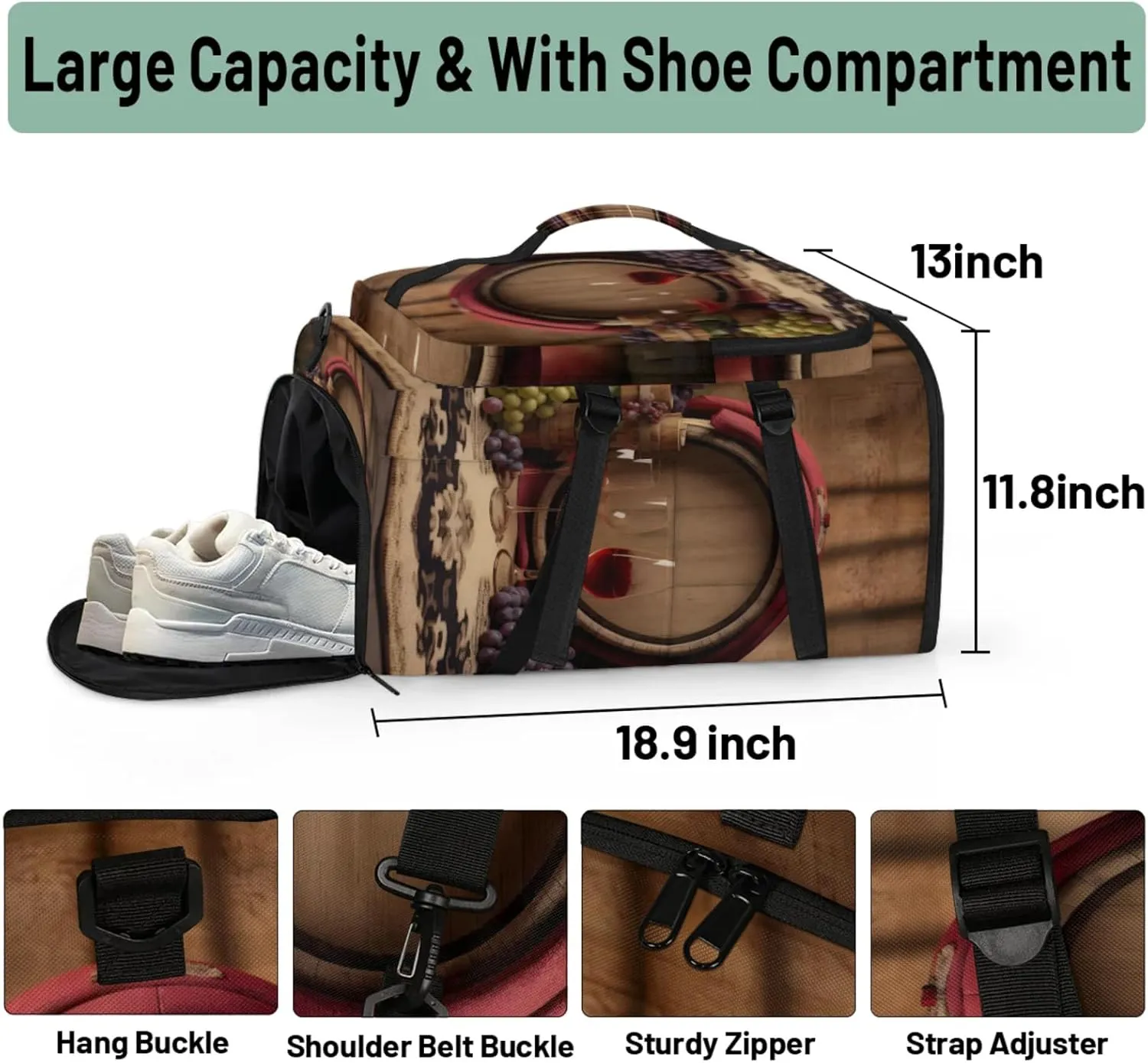 Tactical Sports Duffle Bag for Travel Waterproof Gym Bag with Shoe Compartment 48L Carry On Luggage for Men & Women 3-in-1 Durable Travel Luggage Grapes Glass Wine