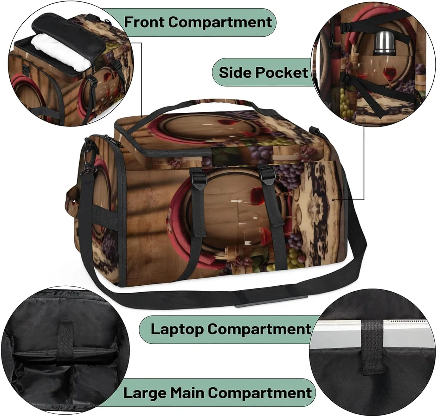 Tactical Sports Duffle Bag for Travel Waterproof Gym Bag with Shoe Compartment 48L Carry On Luggage for Men & Women 3-in-1 Durable Travel Luggage Grapes Glass Wine