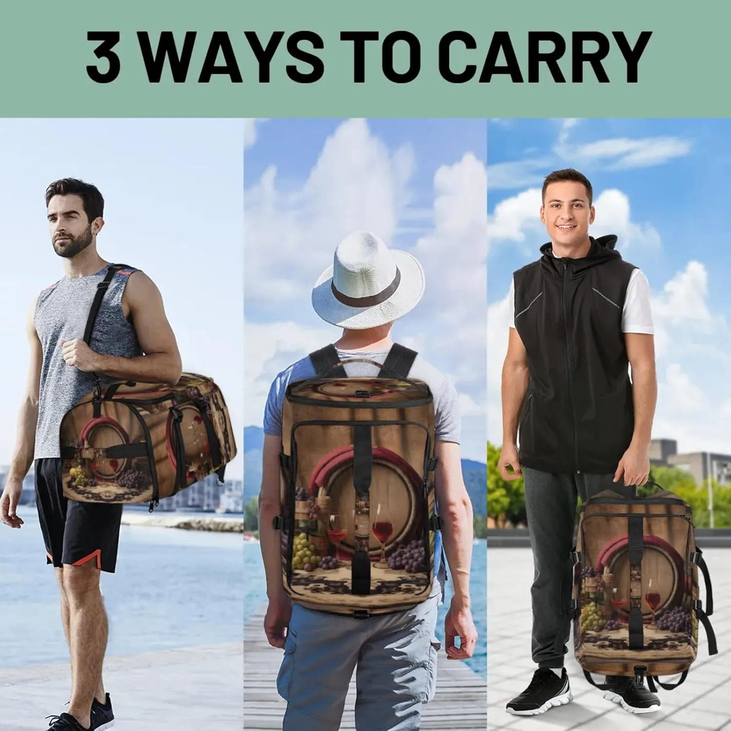 Tactical Sports Duffle Bag for Travel Waterproof Gym Bag with Shoe Compartment 48L Carry On Luggage for Men & Women 3-in-1 Durable Travel Luggage Grapes Glass Wine