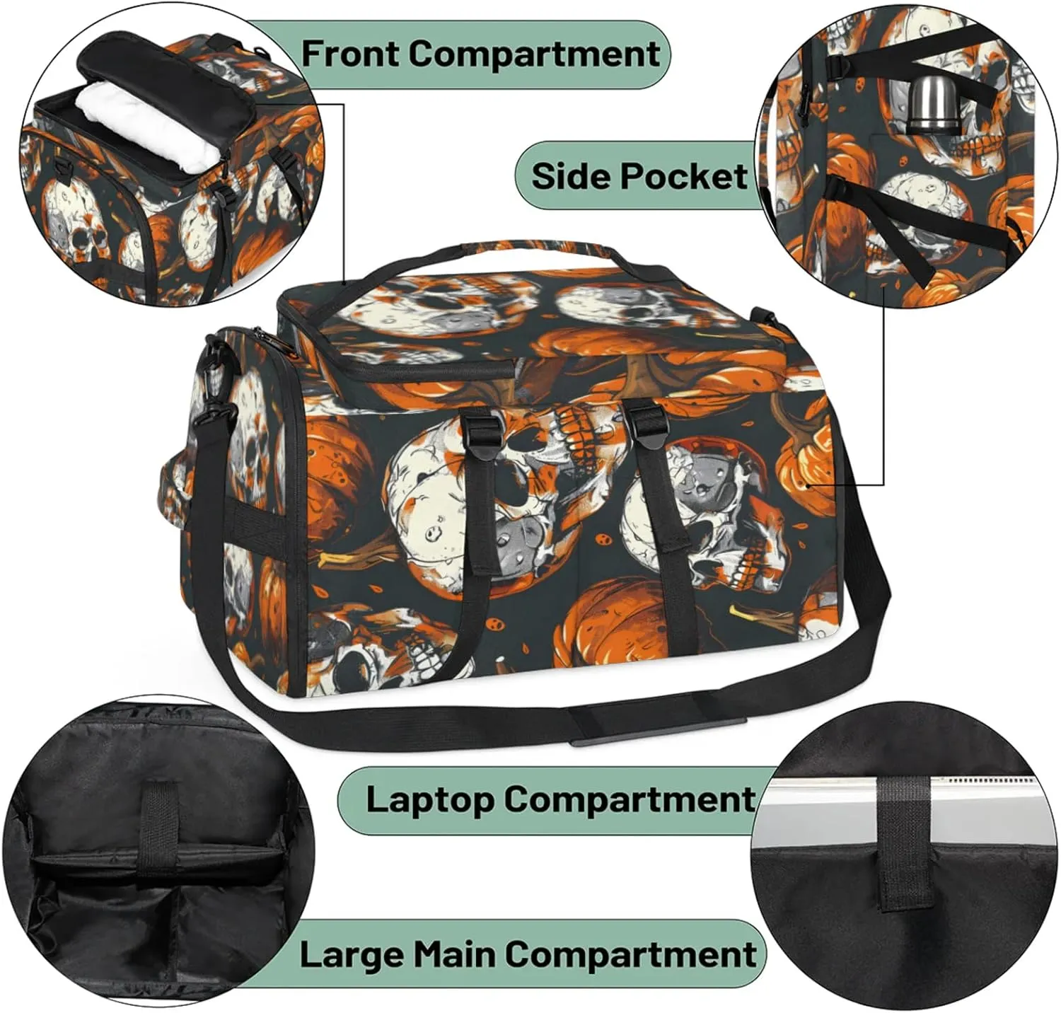 Tactical Sports Duffle Bag for Travel Waterproof Gym Bag with Shoe Compartment 48L Carry On Luggage for Men & Women 3-in-1 Durable Travel Luggage Halloween Skulls Pumpkins