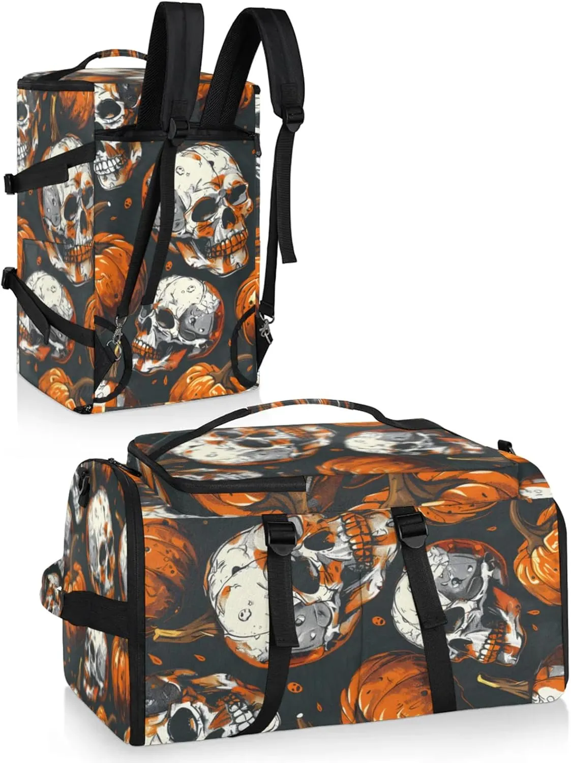 Tactical Sports Duffle Bag for Travel Waterproof Gym Bag with Shoe Compartment 48L Carry On Luggage for Men & Women 3-in-1 Durable Travel Luggage Halloween Skulls Pumpkins