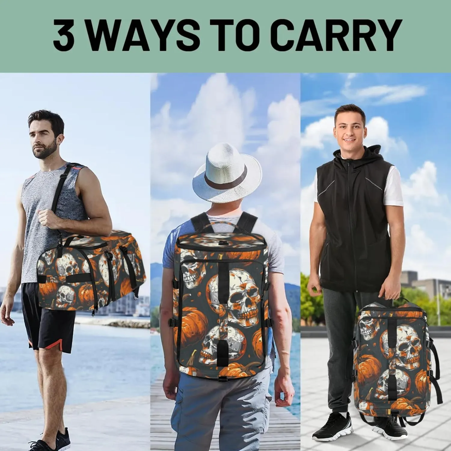 Tactical Sports Duffle Bag for Travel Waterproof Gym Bag with Shoe Compartment 48L Carry On Luggage for Men & Women 3-in-1 Durable Travel Luggage Halloween Skulls Pumpkins