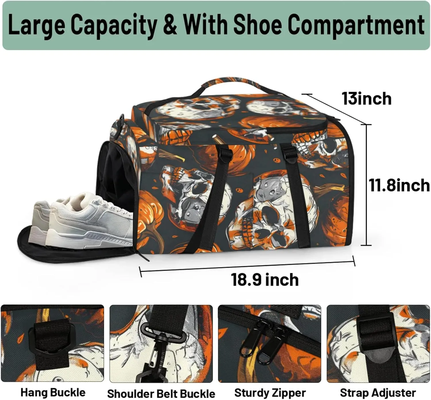 Tactical Sports Duffle Bag for Travel Waterproof Gym Bag with Shoe Compartment 48L Carry On Luggage for Men & Women 3-in-1 Durable Travel Luggage Halloween Skulls Pumpkins
