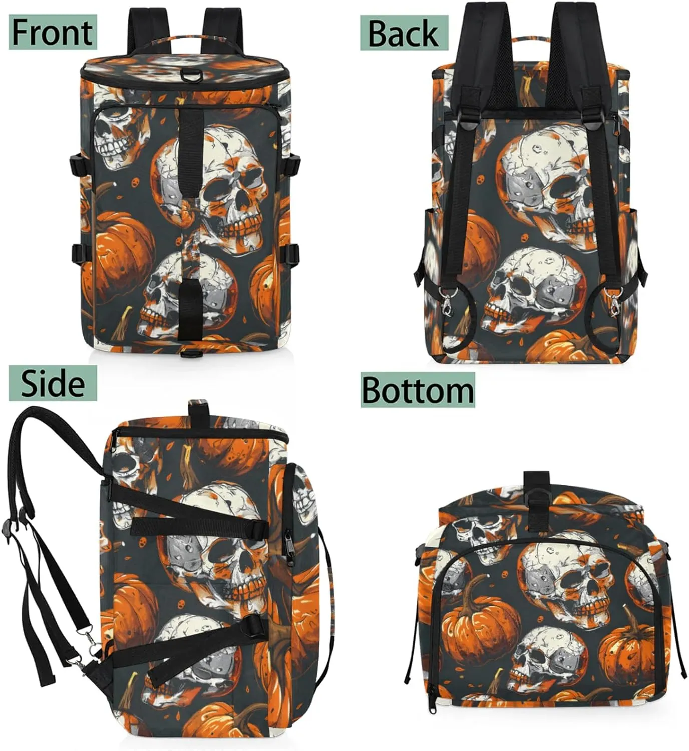 Tactical Sports Duffle Bag for Travel Waterproof Gym Bag with Shoe Compartment 48L Carry On Luggage for Men & Women 3-in-1 Durable Travel Luggage Halloween Skulls Pumpkins