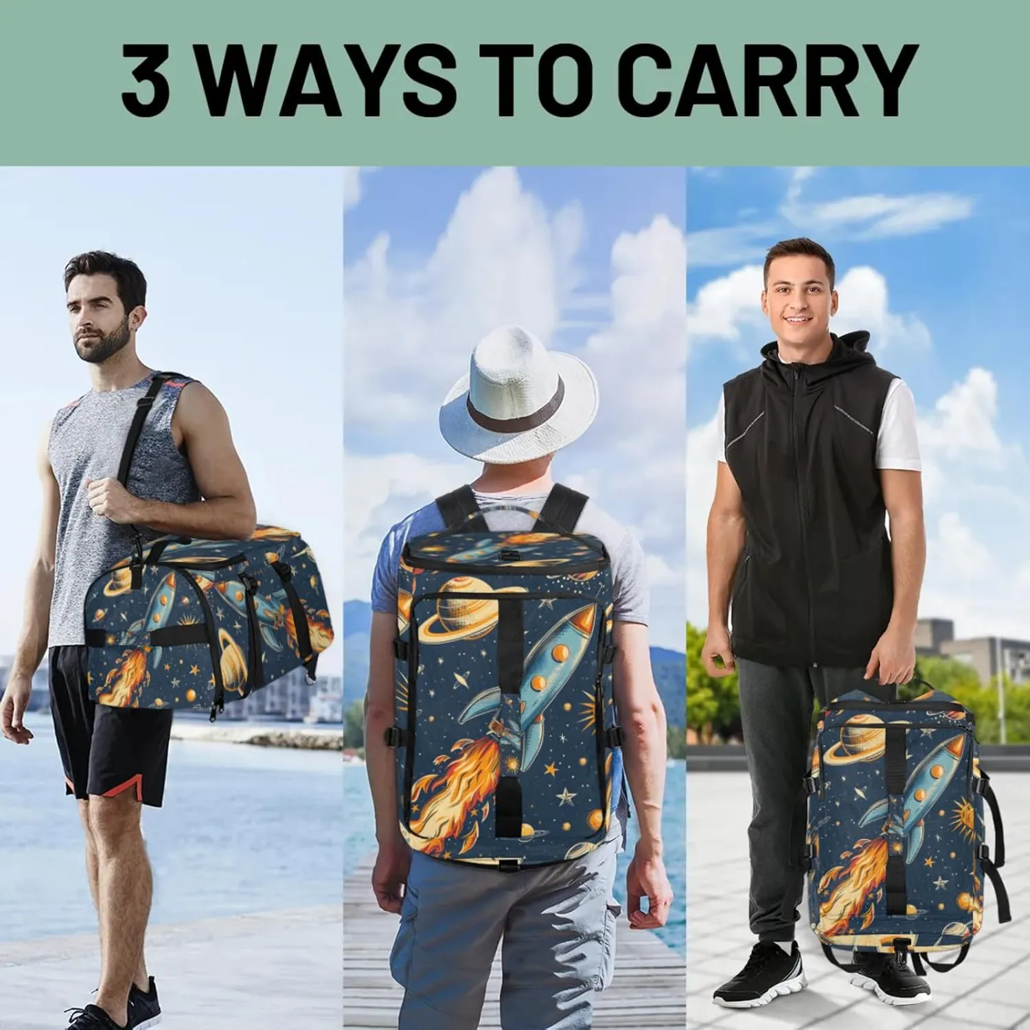 Tactical Sports Duffle Bag for Travel Waterproof Gym Bag with Shoe Compartment 48L Carry On Luggage for Men & Women 3-in-1 Durable Travel Luggage Rocket Space Launch
