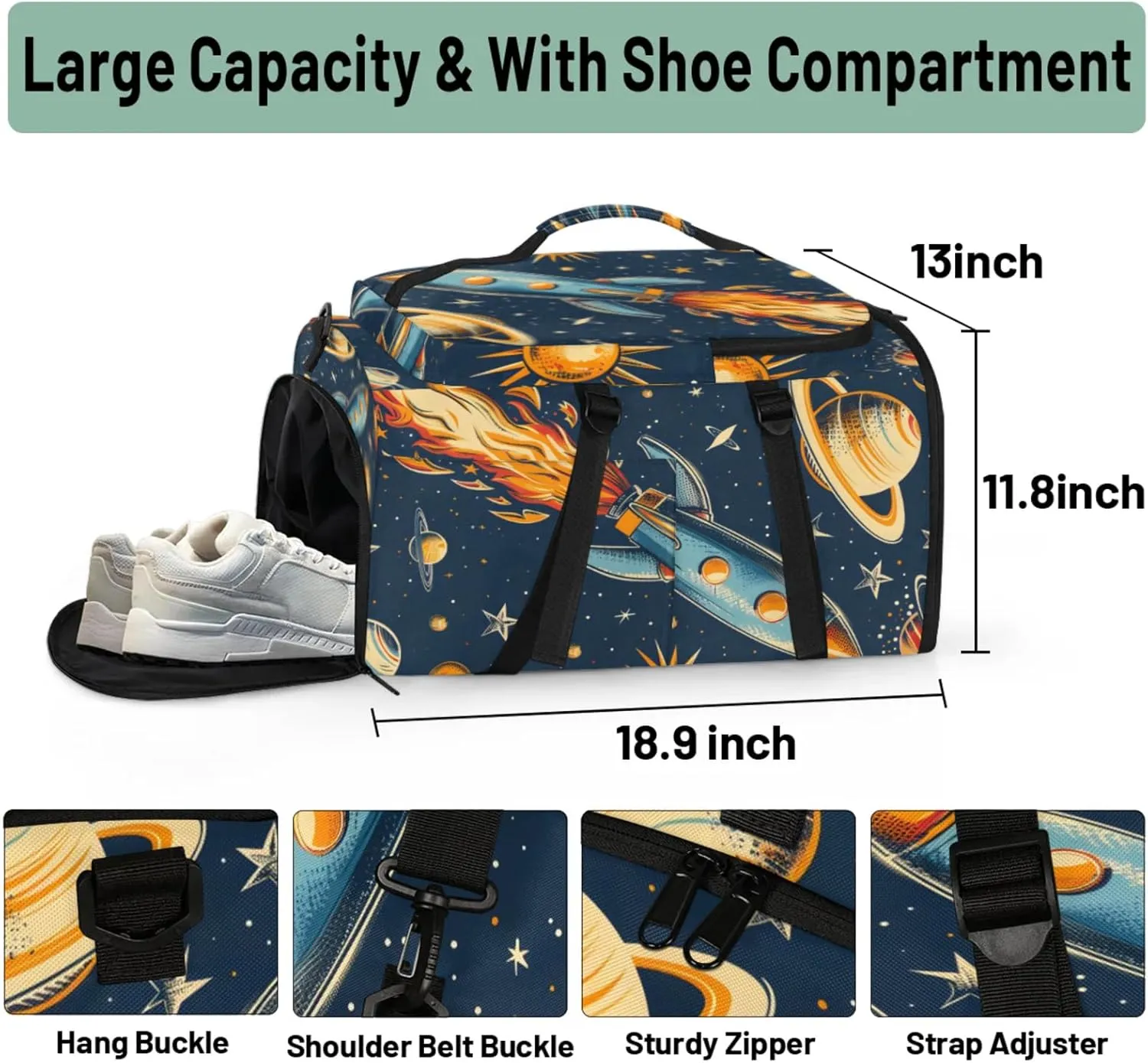 Tactical Sports Duffle Bag for Travel Waterproof Gym Bag with Shoe Compartment 48L Carry On Luggage for Men & Women 3-in-1 Durable Travel Luggage Rocket Space Launch