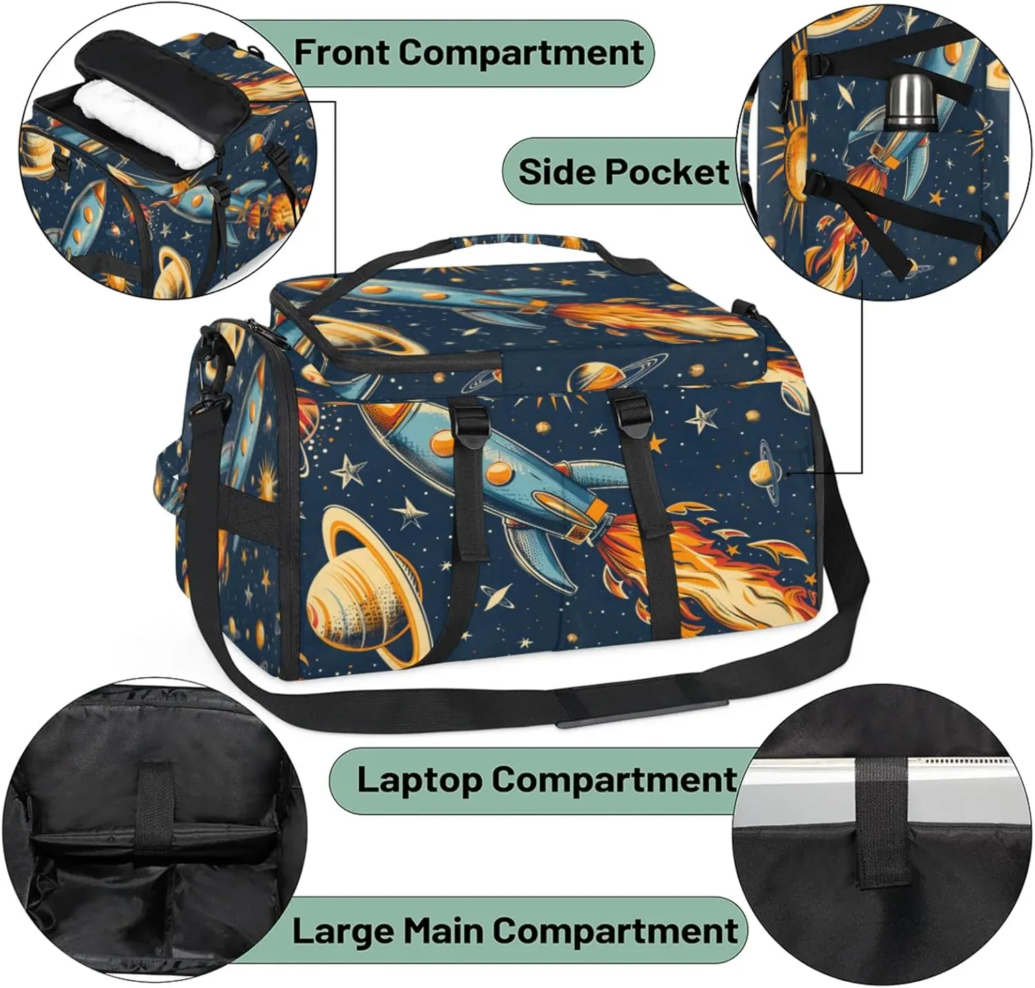 Tactical Sports Duffle Bag for Travel Waterproof Gym Bag with Shoe Compartment 48L Carry On Luggage for Men & Women 3-in-1 Durable Travel Luggage Rocket Space Launch