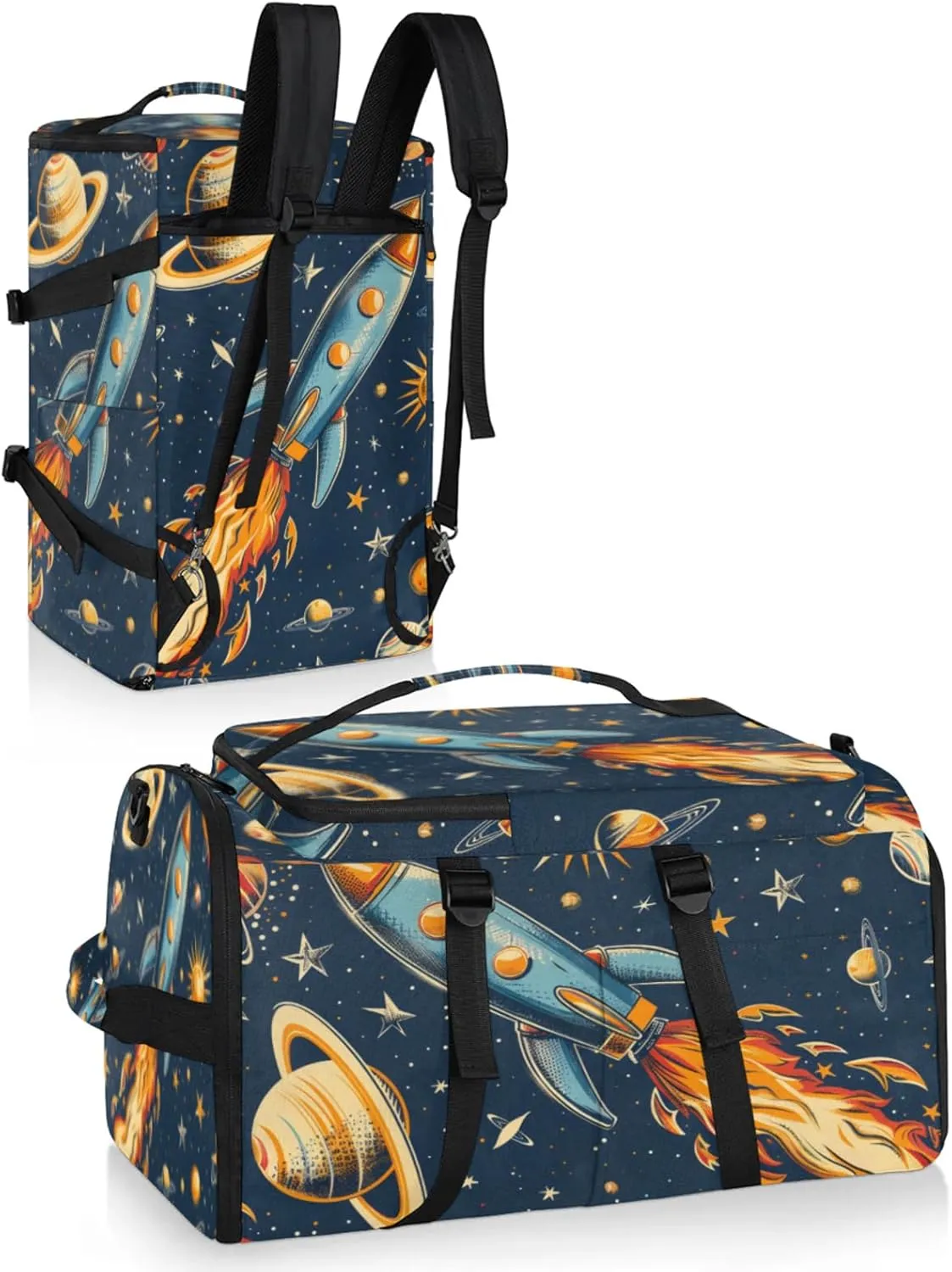 Tactical Sports Duffle Bag for Travel Waterproof Gym Bag with Shoe Compartment 48L Carry On Luggage for Men & Women 3-in-1 Durable Travel Luggage Rocket Space Launch
