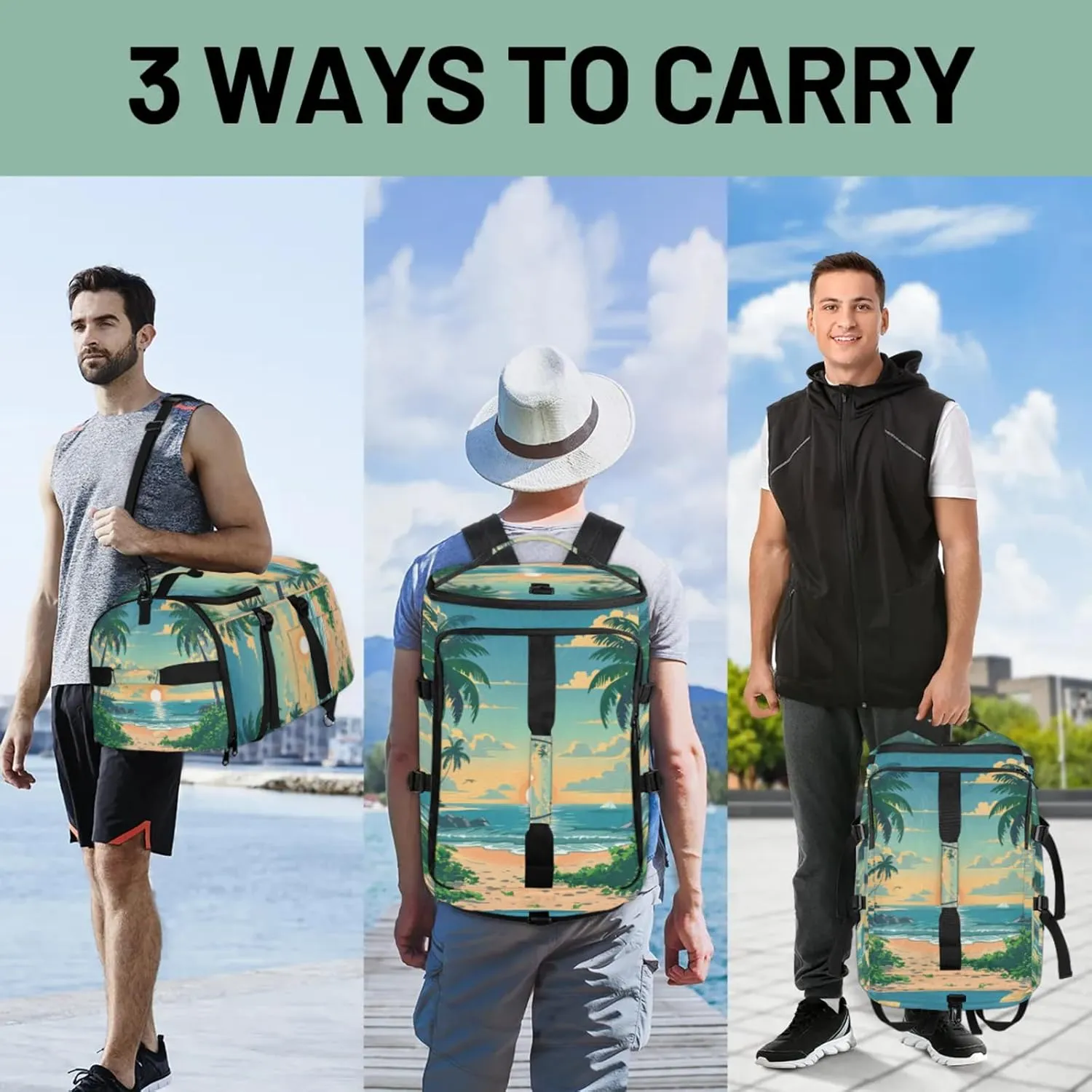 Tactical Sports Duffle Bag for Travel Waterproof Gym Bag with Shoe Compartment 48L Carry On Luggage for Men & Women 3-in-1 Durable Travel Luggage Sunset Coconut Tree