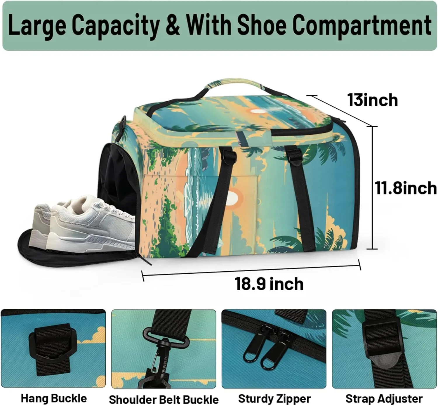 Tactical Sports Duffle Bag for Travel Waterproof Gym Bag with Shoe Compartment 48L Carry On Luggage for Men & Women 3-in-1 Durable Travel Luggage Sunset Coconut Tree
