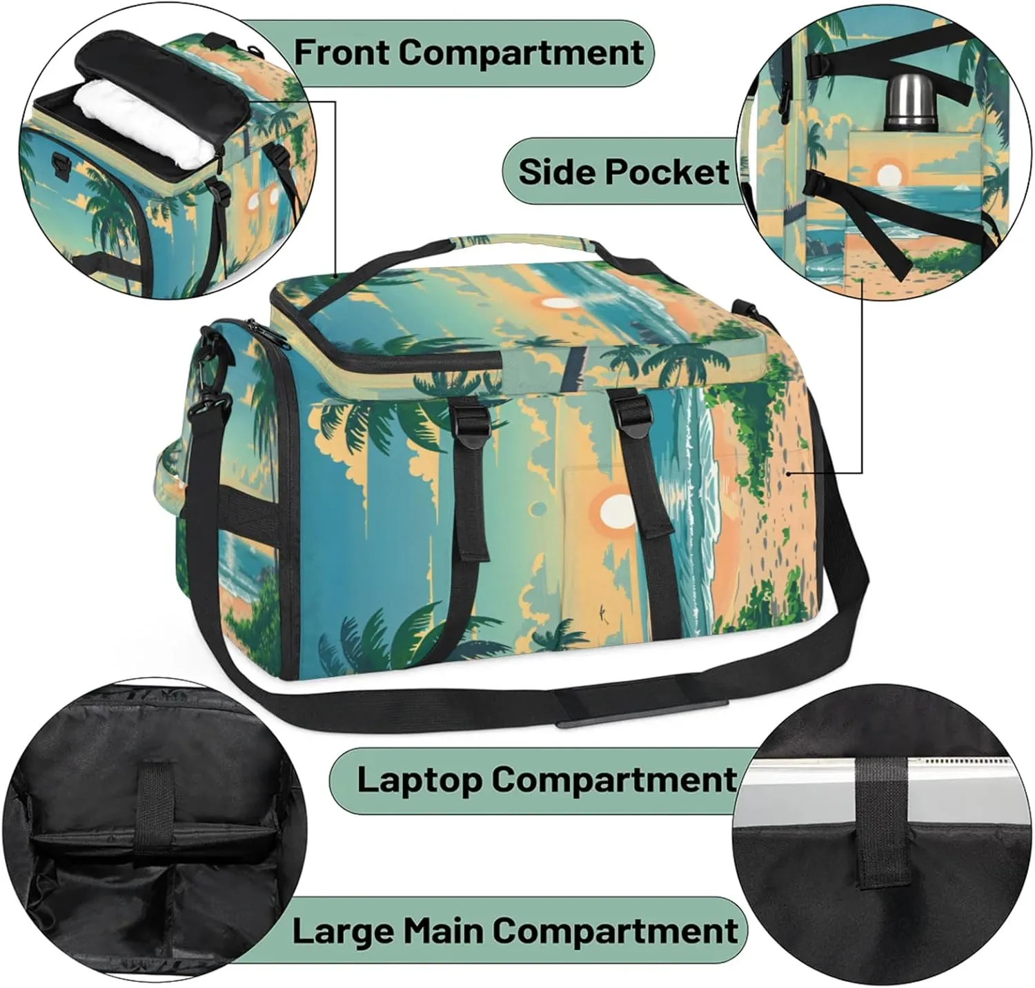 Tactical Sports Duffle Bag for Travel Waterproof Gym Bag with Shoe Compartment 48L Carry On Luggage for Men & Women 3-in-1 Durable Travel Luggage Sunset Coconut Tree