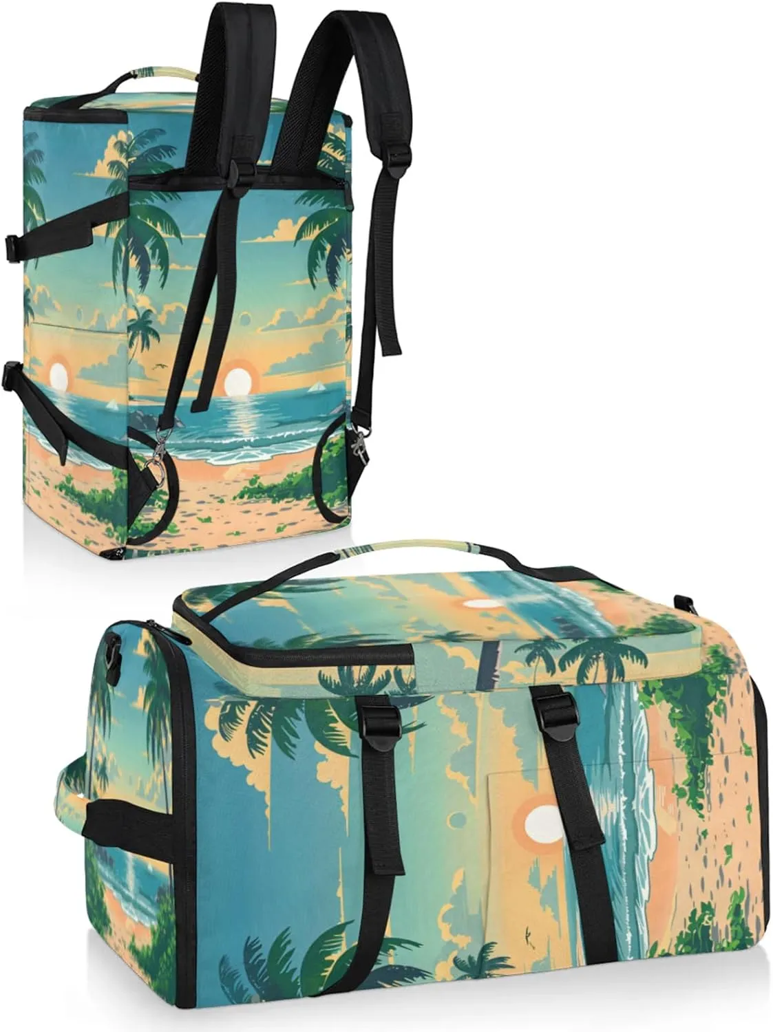 Tactical Sports Duffle Bag for Travel Waterproof Gym Bag with Shoe Compartment 48L Carry On Luggage for Men & Women 3-in-1 Durable Travel Luggage Sunset Coconut Tree