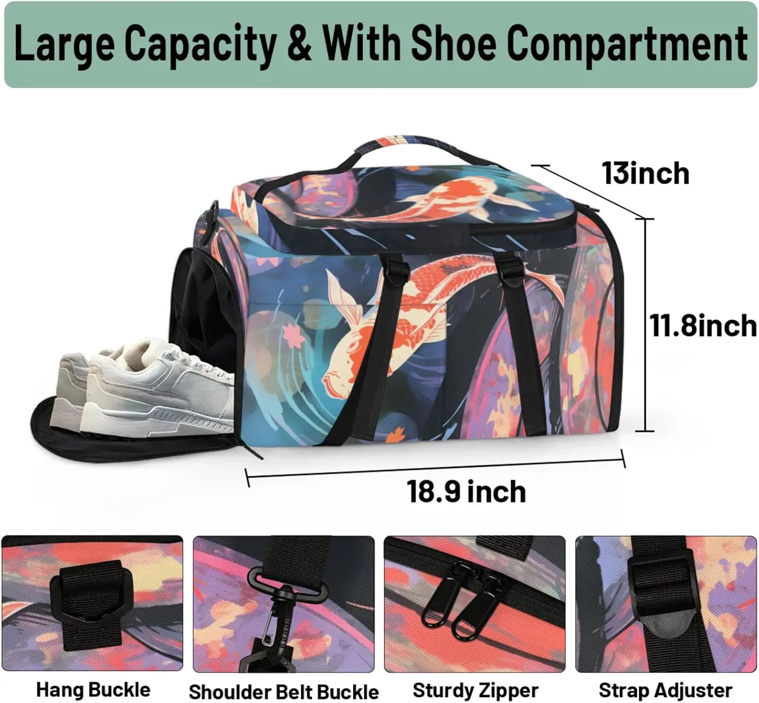 Tactical Sports Duffle Bag for Travel Waterproof Gym Bag with Shoe Compartment 48L Carry On Luggage for Men & Women 3-in-1 Durable Travel Luggage Watercolor Pond Fish