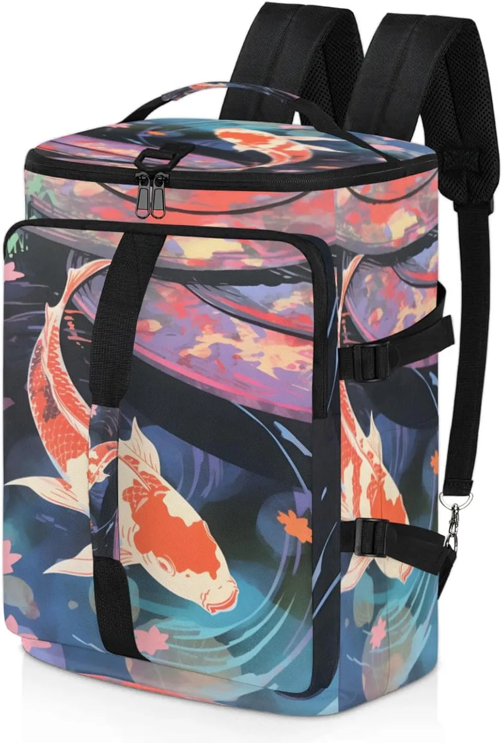 Tactical Sports Duffle Bag for Travel Waterproof Gym Bag with Shoe Compartment 48L Carry On Luggage for Men & Women 3-in-1 Durable Travel Luggage Watercolor Pond Fish