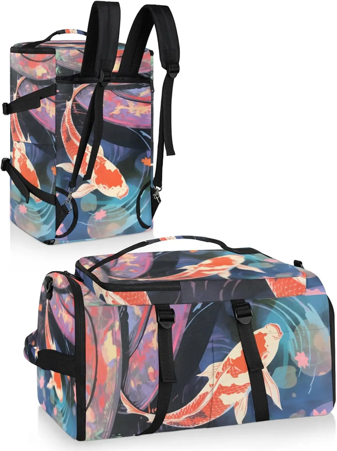 Tactical Sports Duffle Bag for Travel Waterproof Gym Bag with Shoe Compartment 48L Carry On Luggage for Men & Women 3-in-1 Durable Travel Luggage Watercolor Pond Fish