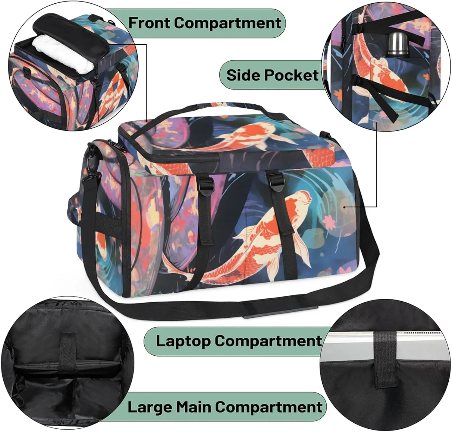 Tactical Sports Duffle Bag for Travel Waterproof Gym Bag with Shoe Compartment 48L Carry On Luggage for Men & Women 3-in-1 Durable Travel Luggage Watercolor Pond Fish