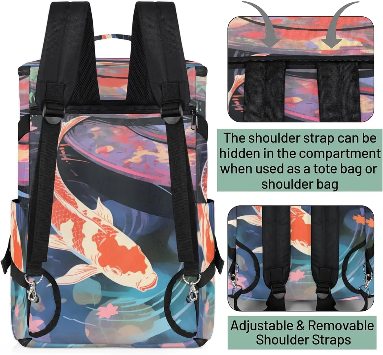 Tactical Sports Duffle Bag for Travel Waterproof Gym Bag with Shoe Compartment 48L Carry On Luggage for Men & Women 3-in-1 Durable Travel Luggage Watercolor Pond Fish