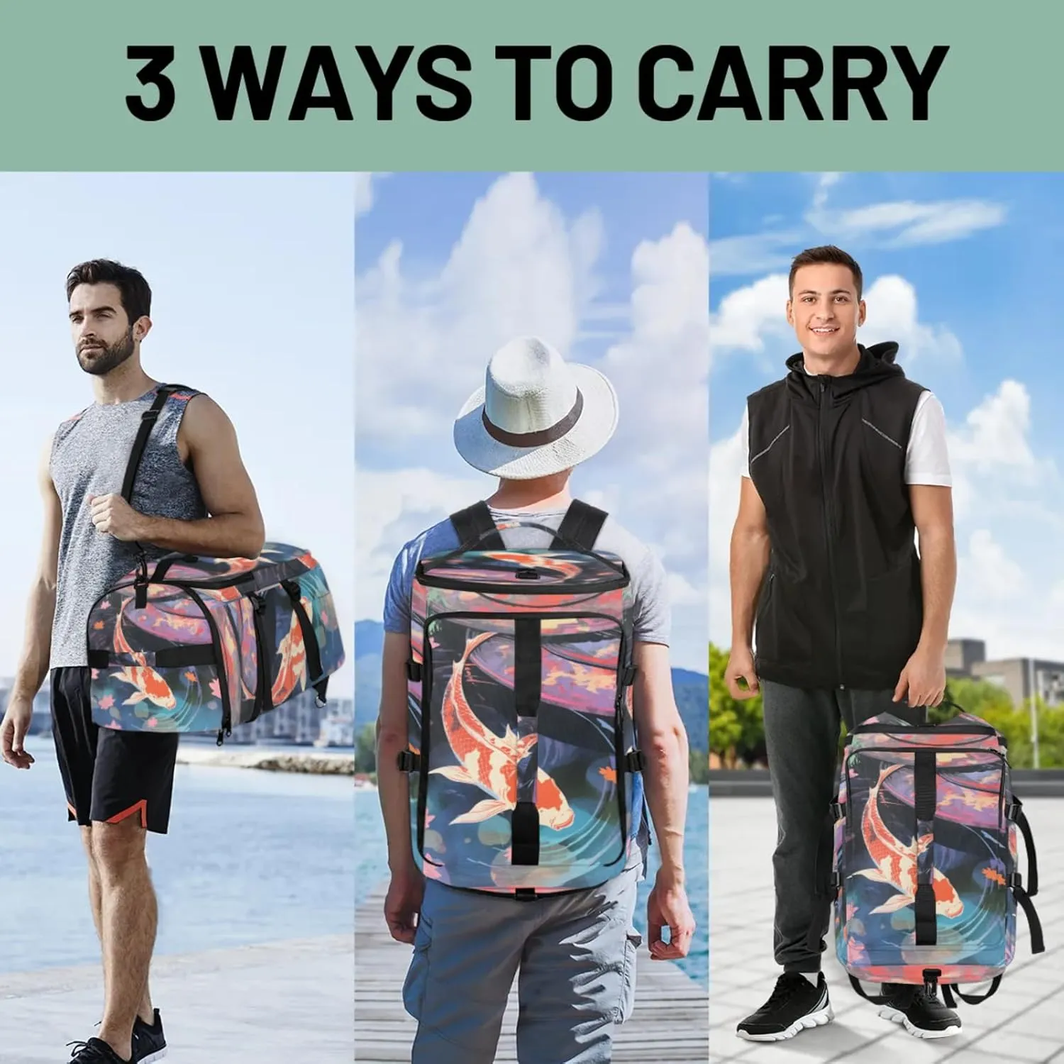Tactical Sports Duffle Bag for Travel Waterproof Gym Bag with Shoe Compartment 48L Carry On Luggage for Men & Women 3-in-1 Durable Travel Luggage Watercolor Pond Fish