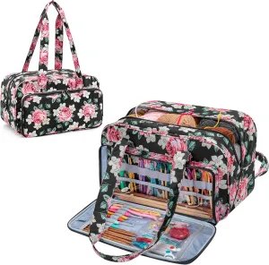 Teamoy Knitting Tote Bag, Large Yarn Storage Organizer Travel Crochet Bag, Yarn Storage Tote Bag Yarn Holder Case for Knitting Needles, Crochet Hook, Projects and Other Accessories, Black Peony