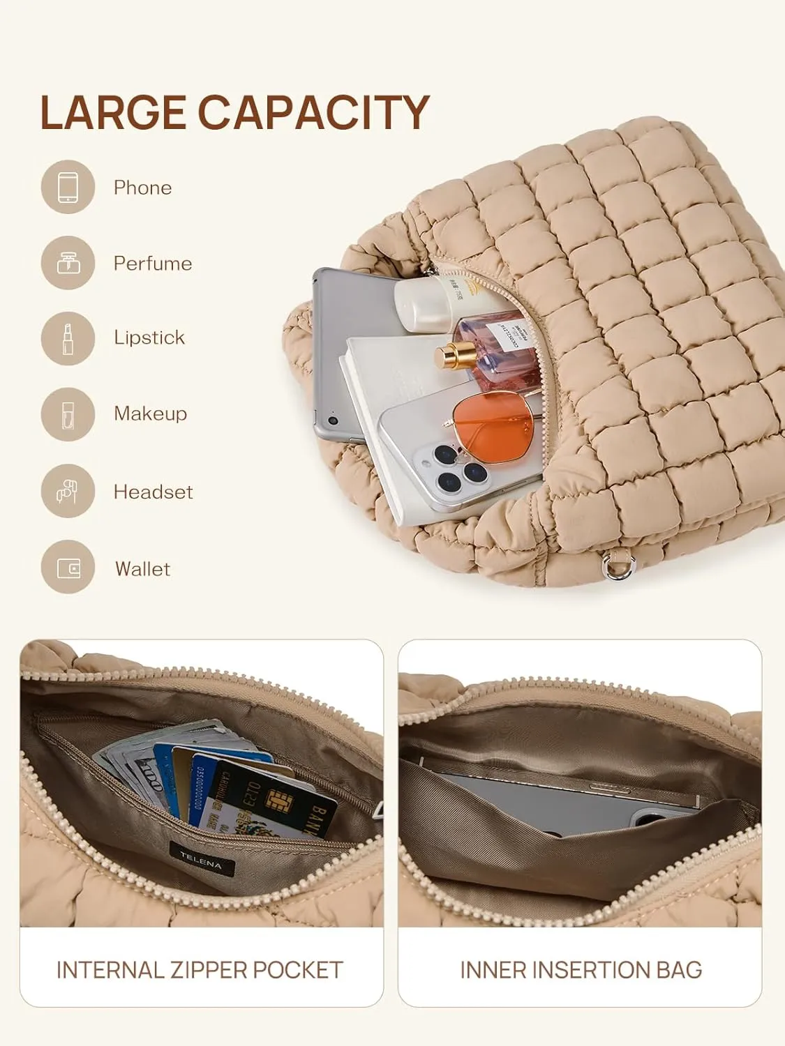 Telena Puffer Tote Bag for Women Lightweight Puffy Tote Bags Small Quilted Crossbody Shoulder Handbag with Detachable Strap