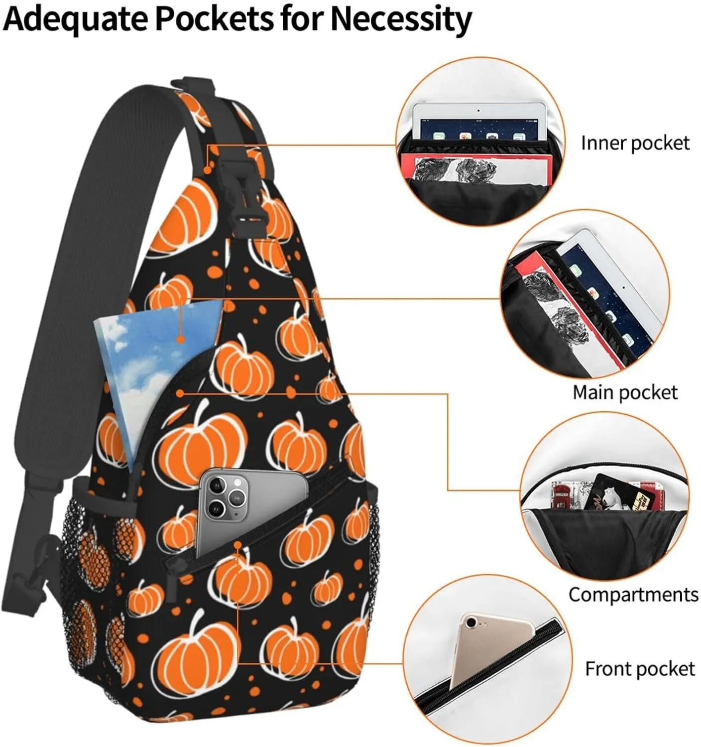 Thanksgiving Crossbody Sling Bag For Women Men Adjustable Pumpkins Chest Bag Shoulder Bag Sling Backpack Daypack For Sport Travel Hiking