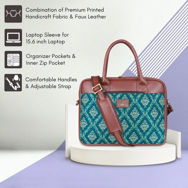 THE CLOWNFISH Deborah series 15.6 inch Laptop Bag For Women Printed Handicraft Fabric & Faux Leather Office Bag Briefcase Messenger Sling Handbag Business Bag (Marine Blue)