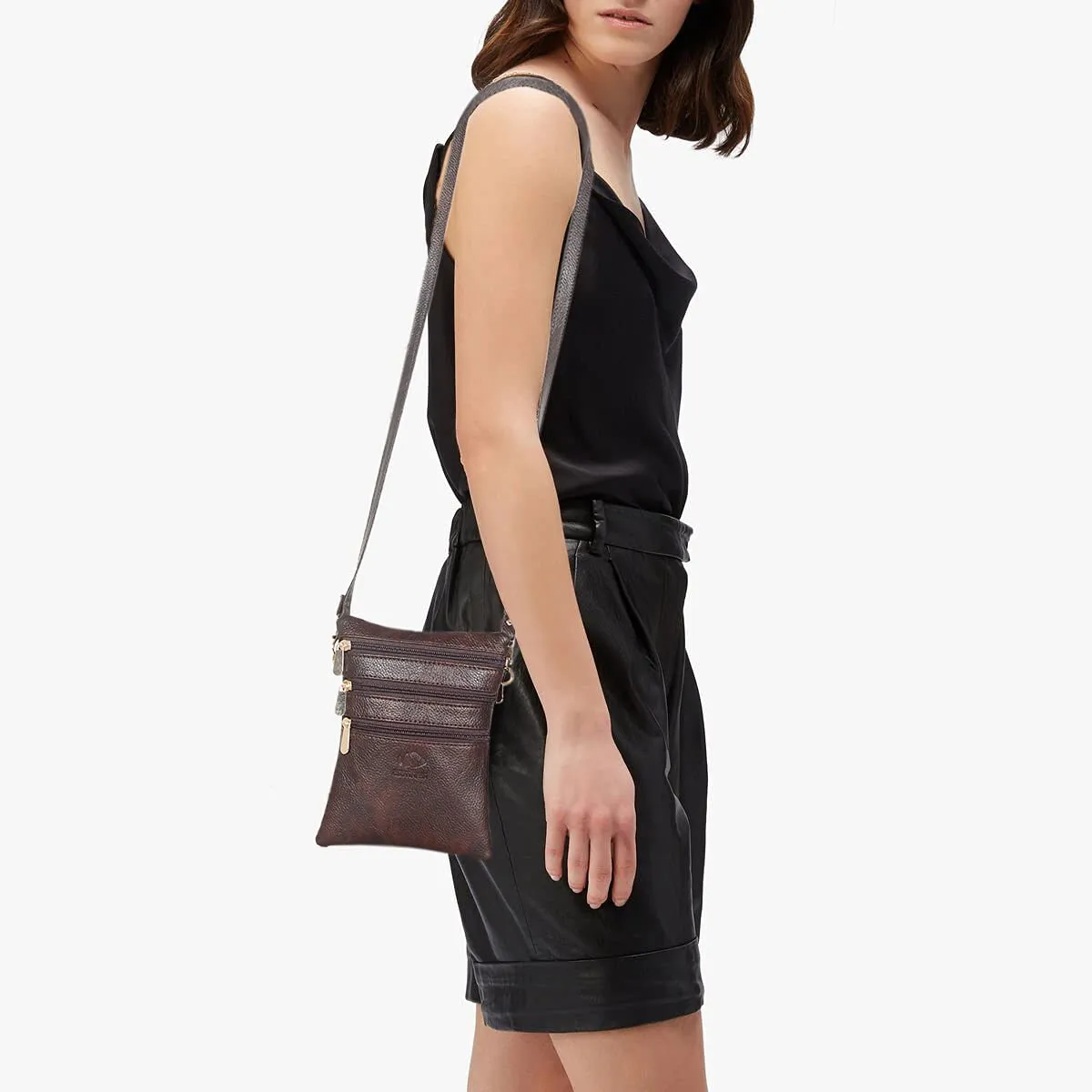 THE CLOWNFISH Hazel Sling Bag - Faux Leather, 3 Zip Pockets | 0.9L Capacity | Dark Brown