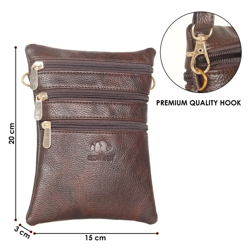 THE CLOWNFISH Hazel Sling Bag - Faux Leather, 3 Zip Pockets | 0.9L Capacity | Dark Brown