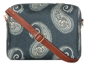 THE CLOWNFISH Isla Printed Handicraft Fabric Crossbody Sling bag for Women Casual Party Bag Purse with Adjustable Shoulder Strap for Ladies College Girls (Light Green-Geometric Design)